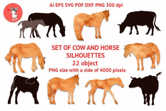 SET of COW and HORSE SILHOUETTES: Graphics for T-Shirt Designs